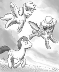 Size: 800x970 | Tagged: safe, artist:johnjoseco, derpibooru import, edit, daring do, derpy hooves, doctor whooves, time turner, earth pony, pegasus, pony, black and white, flying, grayscale, monochrome, running