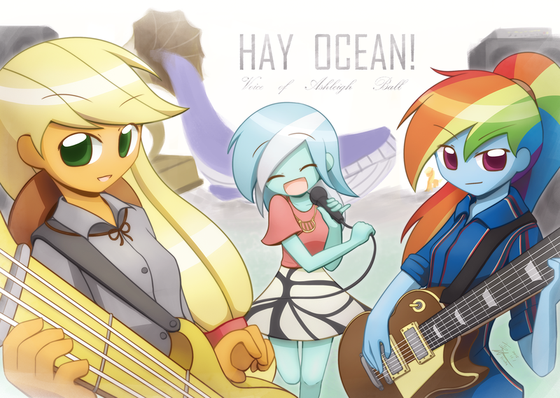 Size: 1680x1194 | Tagged: safe, artist:howxu, derpibooru import, applejack, lyra heartstrings, rainbow dash, whale, equestria girls, ashleigh ball, commissioner:ajnrules, cute, eyes closed, guitar, hatless, hey ocean, hey ocean!, looking at you, microphone, missing accessory, open mouth, smiling, smirk, voice actor joke