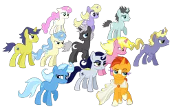 Size: 5544x3528 | Tagged: safe, artist:thecheeseburger, derpibooru import, comet tail, dark moon, distant star, graphite, moonlight raven, neon lights, ponet, rising star, sunburst, sunshine smiles, trixie, twinkleshine, pony, unicorn, cloak, clothes, corrupted, female, group, mare, missing accessory, nervous, possessed, worried