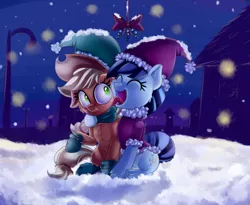Size: 3649x2994 | Tagged: safe, artist:discorded, derpibooru import, applejack, coloratura, earth pony, pony, :t, christmas, clothes, cute, eyes closed, face licking, female, fluffy, freckles, frown, hat, hoof boots, hug, jackabetes, lesbian, licking, mare, mistletoe, open mouth, raised hoof, rara, rarabetes, rarajack, santa hat, scarf, shipping, shocked, sitting, smiling, snow, snowfall, socks, tongue out, wide eyes
