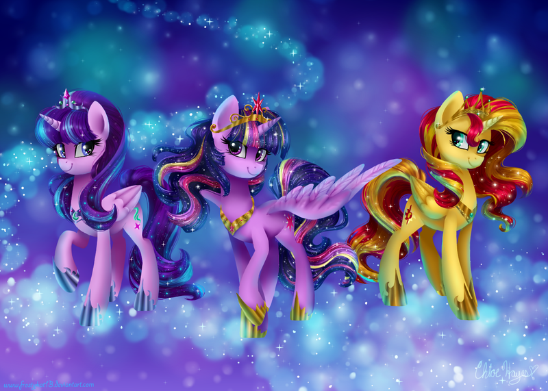 Size: 1400x1000 | Tagged: safe, artist:frostykat13, derpibooru import, starlight glimmer, sunset shimmer, twilight sparkle, twilight sparkle (alicorn), alicorn, pony, alicornified, alicorns only, counterparts, magical trio, race swap, shimmercorn, starlicorn, twilight's counterparts, xk-class end-of-the-world scenario