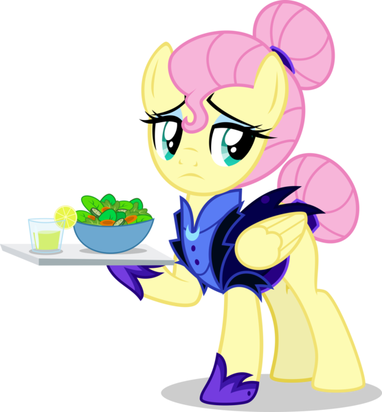 Size: 4637x5000 | Tagged: absurd resolution, alternate hairstyle, alternate timeline, artist:xebck, clothes, derpibooru import, eyeshadow, fluttershy, food, glass, hair bun, herbivore, hilarious in hindsight, juice, lemonade, maid, makeup, night maid fluttershy, nightmare takeover timeline, safe, salad, simple background, solo, the cutie re-mark, transparent background, tray, vector