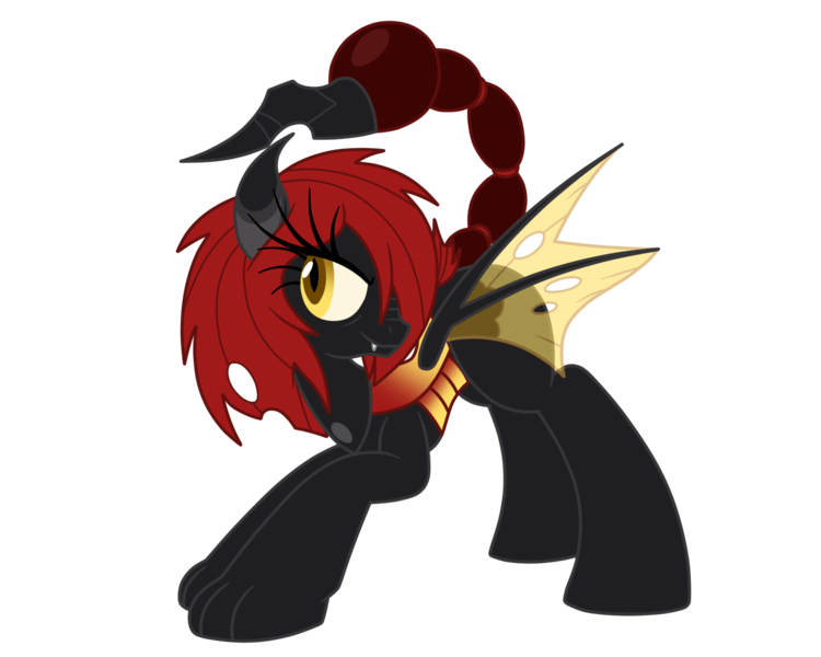 Size: 1500x1200 | Tagged: artist:silverromance, changeling, changeling hybrid, derpibooru import, double colored changeling, hybrid, interspecies offspring, oc, oc:myrmeleia, offspring, parent:manticore, parent:queen chrysalis, red changeling, safe, scorpion changeling, scorpion tail, simple background, solo, stinger, things breeding that should not breed, transparent background, unofficial characters only