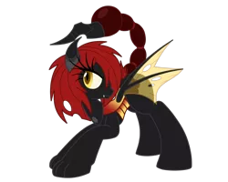 Size: 1500x1200 | Tagged: artist:silverromance, changeling, changeling hybrid, derpibooru import, double colored changeling, hybrid, interspecies offspring, oc, oc:myrmeleia, offspring, parent:manticore, parent:queen chrysalis, red changeling, safe, scorpion changeling, scorpion tail, simple background, solo, stinger, things breeding that should not breed, transparent background, unofficial characters only