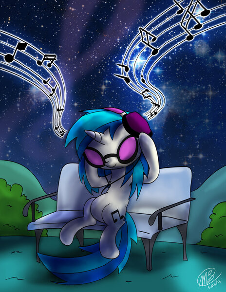 Size: 1024x1325 | Tagged: artist:loreto-arts, bench, derpibooru import, safe, solo, vinyl scratch