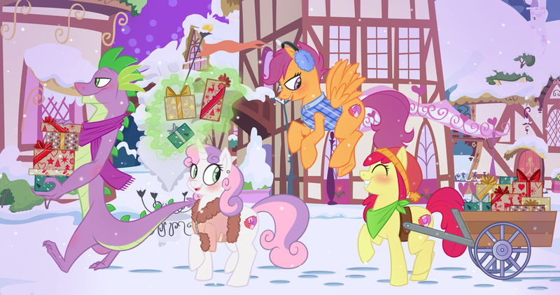 Size: 1024x540 | Tagged: safe, artist:metalmane, artist:stinkehund, derpibooru import, apple bloom, scootaloo, spike, sweetie belle, clothes, cutie mark, cutie mark crusaders, female, hat, male, older, older spike, present, scarf, shipping, shopping, snow, snowfall, spikebelle, straight, teenage spike, the cmc's cutie marks, wagon