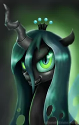 Size: 450x712 | Tagged: artist:reillyington86, changeling, changeling queen, derpibooru import, evil grin, fangs, female, looking at you, queen chrysalis, safe, solo