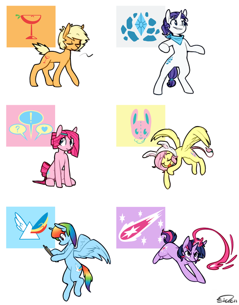 Size: 1415x1800 | Tagged: safe, artist:siden, derpibooru import, applejack, fluttershy, pinkie pie, rainbow dash, rarity, twilight sparkle, oc, oc:cottontail, oc:ink blot, oc:ivory, oc:prism wing, oc:sparkling cider, oc:stardust nova, earth pony, pegasus, pony, unicorn, alternate cutie mark, alternate hairstyle, alternate universe, bunny ears, eyes closed, female, magic, mane six, mare, tongue out, ultimare universe