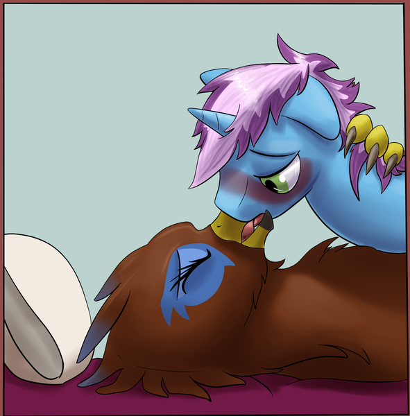 Size: 1511x1535 | Tagged: safe, artist:theandymac, derpibooru import, oc, oc:gyro tech, oc:saewin, unofficial characters only, gryphon, pony, unicorn, blushing, drool, explicit source, eyes closed, french kiss, gay, gywin, image, implied sex, interspecies, kissing, male, png, shipping