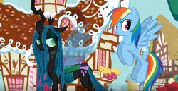 Size: 1280x660 | Tagged: safe, artist:mixermike622, derpibooru import, queen chrysalis, rainbow dash, changeling, changeling queen, cupcake, female, food, khuppkheighckes, screenshots, unamused