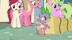 Size: 1366x768 | Tagged: daisy, derpibooru import, dis gon b gud, flower trio, flower wishes, food, lily, lily valley, popcorn, roseluck, safe, screencap, spike, the cutie pox
