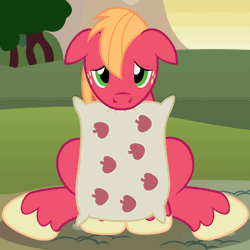 Size: 1976x1973 | Tagged: safe, artist:badumsquish, derpibooru import, big macintosh, earth pony, pony, animated, badumsquish is trying to murder us, behaving like a dog, big macindog, cute, door, eye shimmer, floppy ears, hugs needed, lonely, looking at you, macabetes, male, mouth hold, pillow, sad, sitting, solo, stallion, sunset, tail wag, weapons-grade cute, woobie