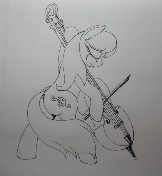 Size: 2920x3180 | Tagged: safe, artist:scribblepwn3, derpibooru import, octavia melody, earth pony, pony, black and white, cello, crying, dock, eyes closed, female, grayscale, lineart, mare, monochrome, musical instrument, pen drawing, solo, traditional art