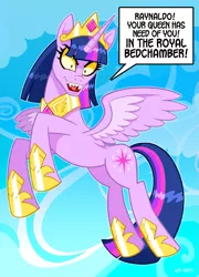 Size: 647x900 | Tagged: safe, artist:curtsibling, derpibooru import, twilight sparkle, twilight sparkle (alicorn), alicorn, pony, evil eyes, fangs, female, flying, innuendo, mare, nazi, solo, swastika, this will end in pain