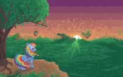 Size: 1680x1050 | Tagged: safe, artist:lightspeeed, derpibooru import, rainbow dash, everfree forest, pixel art, scenery, solo, sunset, wallpaper