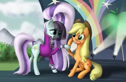 Size: 2560x1680 | Tagged: applejack, artist:dcencia, coloratura, countess coloratura, derpibooru import, female, hoofsies, lesbian, rarajack, safe, shipping, stamp, the mane attraction