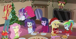 Size: 4005x2061 | Tagged: safe, artist:sumin6301, derpibooru import, applejack, fluttershy, pinkie pie, rainbow dash, rarity, starlight glimmer, sunset shimmer, twilight sparkle, twilight sparkle (alicorn), equestria girls, absurd resolution, burger, cake, christmas, christmas lights, christmas tree, clothes, equestria girls-ified, food, humane seven, humane six, korean, mane six, pizza, skirt, soda, sweater, television, tree