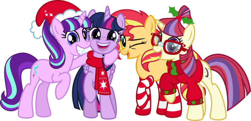 Size: 6766x3272 | Tagged: safe, artist:osipush, derpibooru import, moondancer, starlight glimmer, sunset shimmer, twilight sparkle, twilight sparkle (alicorn), alicorn, pony, unicorn, clothes, counterparts, cute, dancerbetes, glimmerbetes, happy, hat, magical quartet, magical quintet, magical trio, one eye closed, santa hat, scarf, shimmerbetes, simple background, socks, sockset shimmer, striped socks, sweater, transparent background, twiabetes, twilight's counterparts, vector, wink, winter outfit