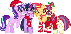 Size: 6766x3272 | Tagged: safe, artist:osipush, derpibooru import, moondancer, starlight glimmer, sunset shimmer, twilight sparkle, twilight sparkle (alicorn), alicorn, pony, unicorn, clothes, counterparts, cute, dancerbetes, glimmerbetes, happy, hat, magical quartet, magical quintet, magical trio, one eye closed, santa hat, scarf, shimmerbetes, simple background, socks, sockset shimmer, striped socks, sweater, transparent background, twiabetes, twilight's counterparts, vector, wink, winter outfit