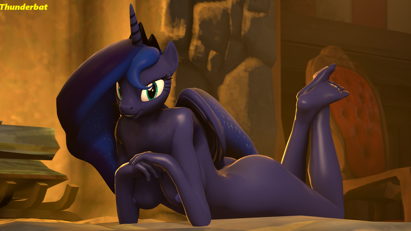 Size: 1920x1080 | Tagged: 3d, anthro, artist:generalthunderbat, barefoot, breasts, derpibooru import, feet, female, fire, firewood, looking at you, nipples, nudity, pinup, plantigrade anthro, princess luna, prone, questionable, solo, solo female, source filmmaker, stupid sexy princess luna