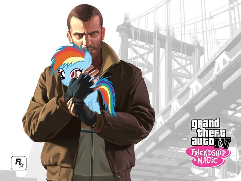 Size: 1024x768 | Tagged: safe, artist:postal_dude10, derpibooru import, rainbow dash, pony, bridge, clothes, filly, filly rainbow dash, fingerless gloves, gloves, grand theft auto, gta iv, holding a pony, niko bellic, taringa