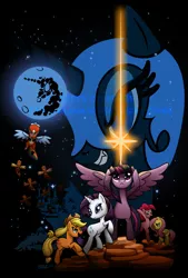 Size: 750x1110 | Tagged: safe, artist:christadoodles, derpibooru import, applejack, fluttershy, nightmare moon, pinkie pie, rainbow dash, rarity, twilight sparkle, twilight sparkle (alicorn), alicorn, pony, canterlot, female, magic, mane six, mare, mare in the moon, moon, parody, poster, spread wings, star wars, watermark