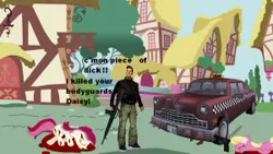 Size: 300x169 | Tagged: armalite-ar10, artist:edgar546, blood, borgnine, claude speed, derpibooru import, grand theft auto, grimdark, gta iii, lily, lily valley, picture for breezies, roseluck, taxi, vulgar, weapon