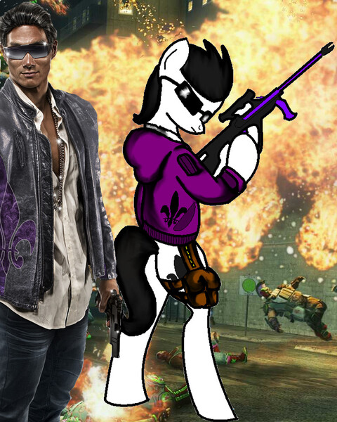 Size: 785x981 | Tagged: safe, artist:rysowniczka2, derpibooru import, oc, ponified, unofficial characters only, earth pony, human, pony, clothes, explosion, gun, hoodie, hooves, johnny gat, male, optical sight, pistol, rifle, saints row, sniper rifle, solo, stallion, street, sunglasses, weapon