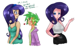 Size: 1600x1000 | Tagged: safe, artist:underwaterteaparty, derpibooru import, rarity, spike, oc, oc:iris, human, breasts, cleavage, clothes, dress, female, heart, humanized, male, shipping, sparity, straight