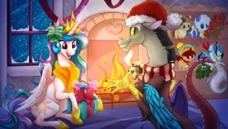 Size: 1024x576 | Tagged: safe, artist:stepandy, derpibooru import, discord, princess celestia, oc, bashful, christmas, clothes, cute, cutelestia, discute, dislestia, female, fireplace, grin, happy, hat, male, mistletoe, open mouth, plushie, present, raised hoof, realistic horse legs, santa hat, scarf, shipping, straight