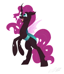 Size: 2552x2959 | Tagged: artist:tsand106, changeling, changepony, crack shipping, derpibooru import, female, happy, hybrid, interspecies offspring, magical lesbian spawn, oc, oc:sugar bash, offspring, parent:pinkie pie, parent:queen chrysalis, parents:pinkiesalis, rearing, safe, solo, unofficial characters only
