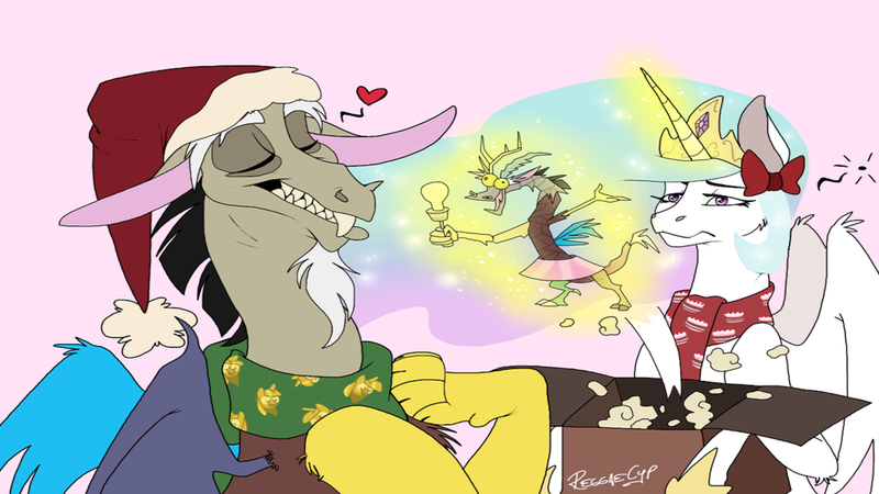 Size: 1024x576 | Tagged: safe, artist:reggaecyp, derpibooru import, discord, princess celestia, clothes, discord being discord, discord lamp, dislestia, female, grin, hair bow, hat, male, present, santa hat, scarf, shipping, straight