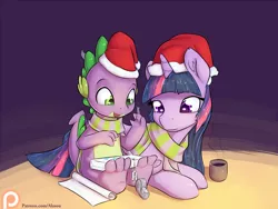 Size: 1400x1050 | Tagged: safe, artist:alasou, deleted from derpibooru, derpibooru import, spike, twilight sparkle, twilight sparkle (alicorn), alicorn, dragon, pony, baby, baby dragon, chocolate, christmas, clothes, cup, cute, cutie mark, drink, female, food, hat, hearth's warming, hot chocolate, implied rarity, looking down, male, mare, name tag, paper, patreon, patreon logo, present, prone, santa hat, scarf, shared clothing, shared scarf, signature, sitting, spikabetes, tape, twiabetes, watermark, wrapping, wrapping paper