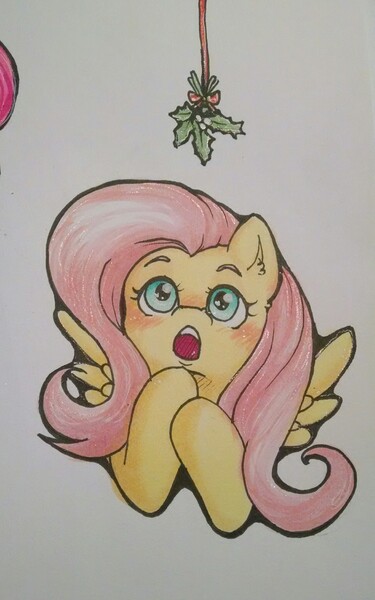 Size: 1880x3005 | Tagged: artist:askbubblelee, cute, derpibooru import, fluttershy, holly, holly mistaken for mistletoe, looking up, mistleholly, safe, shyabetes, solo, traditional art