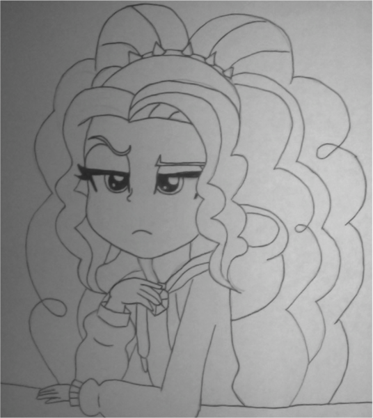 Size: 985x1103 | Tagged: safe, artist:blazingdazzlingdusk, derpibooru import, adagio dazzle, equestria girls, rainbow rocks, meme, solo, that orange pencil, the dazzlings, unamused