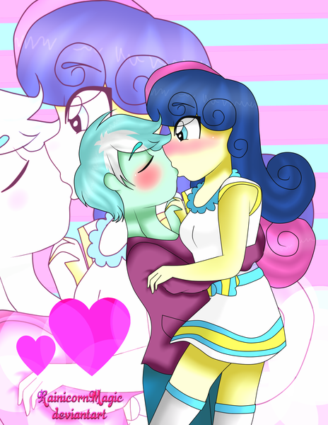 Size: 1700x2200 | Tagged: safe, artist:rainicornarts, artist:rainicornmagic, derpibooru import, bon bon, lyra heartstrings, sweetie drops, equestria girls, blushing, equestria guys, female, guyra, guyrabon, half r63 shipping, kissing, lyrabon, male, rule 63, shipping, straight