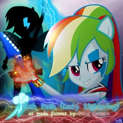 Size: 1080x1080 | Tagged: safe, artist:joeycrick, artist:magneticskye, artist:theshadowstone, derpibooru import, rainbow dash, equestria girls, rainbow rocks, album cover, bang camaro, guitar hero, music, ponied up, push push lady lightning, rhythm game