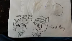 Size: 1280x720 | Tagged: safe, artist:tjpones, derpibooru import, oc, unofficial characters only, pony, black and white, camera, grayscale, hat, monochrome, napkin, sketch, tourist, traditional art, unimpressed