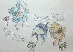 Size: 1267x914 | Tagged: artist:fluffybobcat101, colored pencil drawing, derpibooru import, lined paper, magical lesbian spawn, oc, oc:blue strings, oc:dotsy dippd, oc:neon gold, offspring, parent:bon bon, parent:lyra heartstrings, parent:octavia melody, parents:lyrabon, parents:scratchtavia, parent:vinyl scratch, safe, traditional art, unofficial characters only