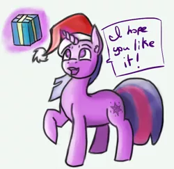 Size: 573x558 | Tagged: safe, artist:post-it, derpibooru import, twilight sparkle, chat bubble, christmas, gift giving, hat, present, santa hat, simple background, solo, white background