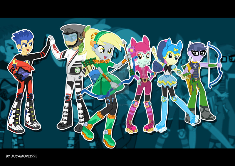 Size: 1600x1131 | Tagged: safe, artist:jucamovi1992, derpibooru import, bon bon, derpy hooves, flash sentry, lyra heartstrings, microchips, sandalwood, sweetie drops, equestria girls, friendship games, archery, archery clothes, arrow, bow (weapon), female, male, motorcross, motorcross outfit, outfit, roller skates, wondercolts