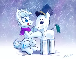 Size: 900x696 | Tagged: safe, artist:tsitra360, derpibooru import, double diamond, :p, clothes, hat, scarf, sitting, snow, snowfall, snowpony, solo, tongue out, top hat, winter
