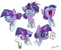 Size: 1280x1051 | Tagged: alternate hairstyle, artist:tsitra360, beaker, derpibooru import, erlenmeyer flask, goggles, gritted teeth, open mouth, safe, science, sci-twi, sketch dump, smooze, solo, twilight sparkle, unicorn sci-twi