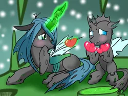 Size: 1024x768 | Tagged: 12 days of christmas, artist:shujiwakahisaa, blushing, changeling, changeling feeding, changeling queen, christmas, christmas changeling, cute, cutealis, cuteling, derpibooru import, duo, female, glowing horn, heart, hearth's warming eve, magic, nymph, prone, queen chrysalis, safe, sitting, smiling, snow, twelve days of christmas