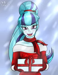 Size: 1800x2300 | Tagged: safe, artist:novaspark, derpibooru import, sonata dusk, equestria girls, blushing, christmas, clothes, gift giving, gloves, looking at you, present, scarf, snow, solo