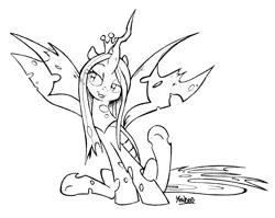 Size: 2617x2079 | Tagged: artist:yewdee, cute, cutealis, derpibooru import, monochrome, pen and ink, queen chrysalis, safe, solo, traditional art, underhoof