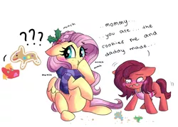 Size: 4200x3000 | Tagged: safe, artist:dreamscapevalley, derpibooru import, big macintosh, fluttershy, oc, oc:apple luv, earth pony, pony, apron, clothes, cookie, fluttermac, food, holiday, male, offspring, parent:big macintosh, parent:fluttershy, parents:fluttermac, pregnant, scarf, shipping, stallion, straight