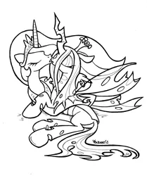 Size: 1001x1200 | Tagged: artist:yewdee, chryslestia, derpibooru import, female, kissing, lesbian, monochrome, princess celestia, prone, queen chrysalis, shipping, suggestive