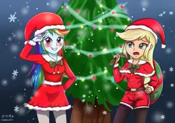 Size: 3507x2480 | Tagged: safe, artist:sumin6301, derpibooru import, applejack, rainbow dash, equestria girls, bag, blushing, christmas, christmas lights, christmas tree, clothes, confused, cute, dress, frown, grin, hat, hot pants, open mouth, peace sign, raised eyebrow, sack, salute, santa costume, santa hat, santa sack, smiling, snow, snowflake, stockings, tree