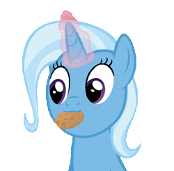 Size: 400x392 | Tagged: safe, artist:agrol, derpibooru import, trixie, pony, unicorn, :3, animated, cookie, cute, diatrixes, female, food, mare, mouth hold, must be better, nom, simple background, solo, transparent background, youtube link